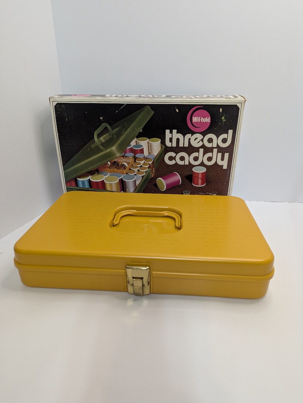 NOS Vintage Harvest Yellow Plastic Wilson Wil-Hold Thread Sewing Caddy In Box